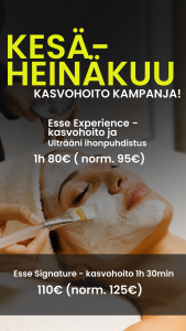 Kesä-heinäkuu kasvohoito kampanja. Esse- kasvohoidot tehdään luonnonkosmetiikka ihonhoitosarjalla Essellä.